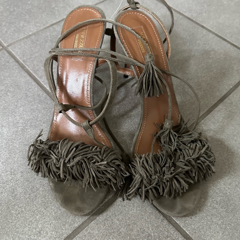 Aquazzura Olive Green Suede Tassel Fringe Lace-Up Sandals